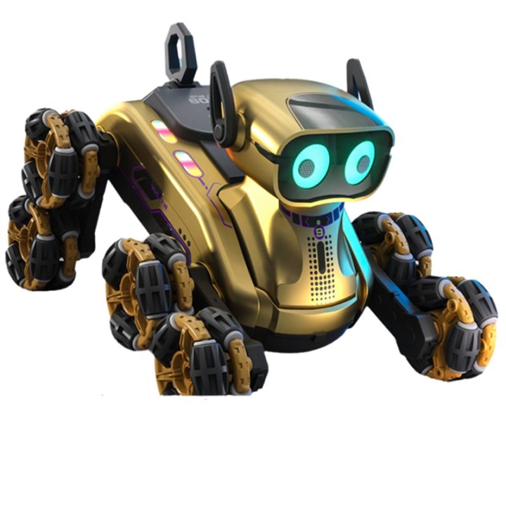 Gold RC robot dog with 8 stunt wheels and LED eyes