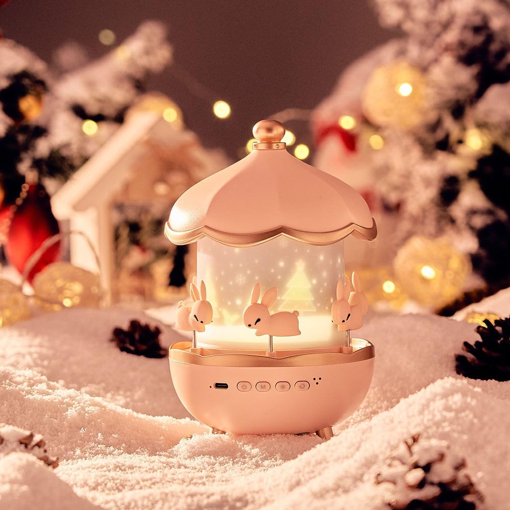 Bunny carousel glowing in a festive room