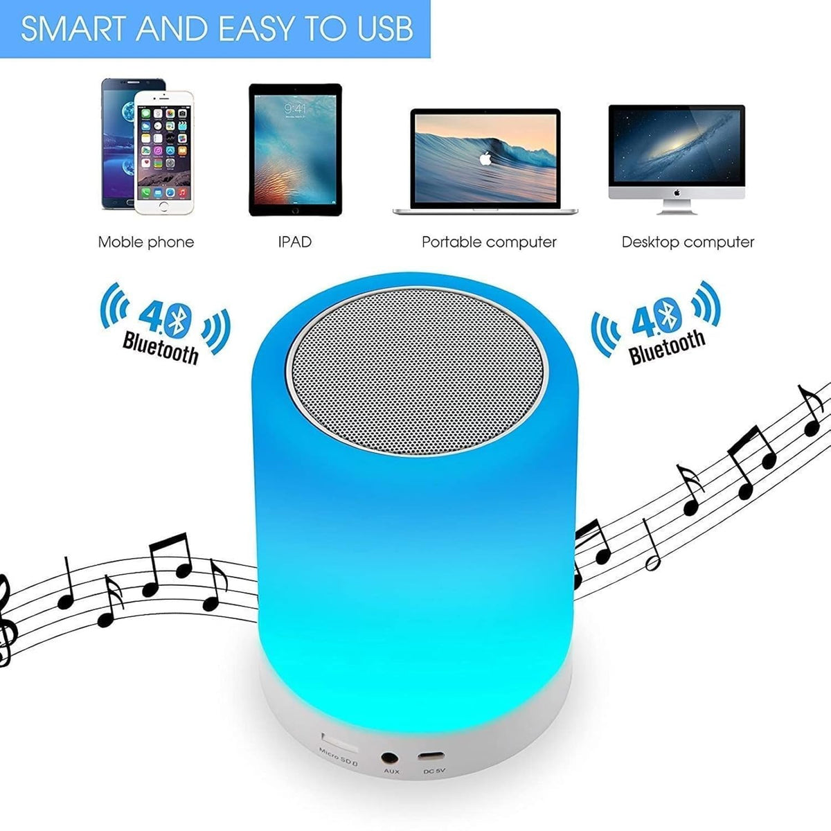 Connects with phone, tablet and laptop by Bluetooth