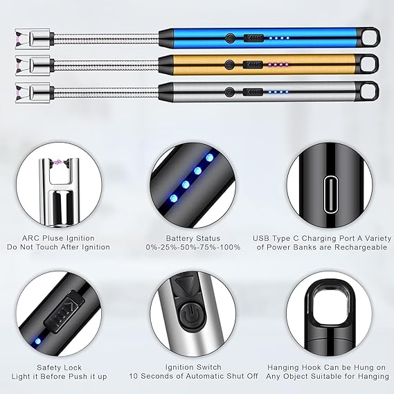 Arc lighter features: battery indicator, Type-C charging, safety lock