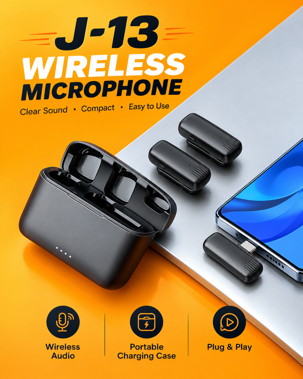 J-13 wireless clip microphone set with charging case