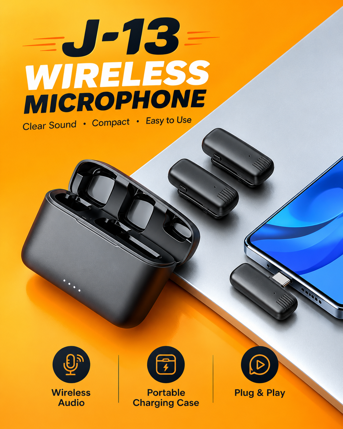 J-13 wireless clip microphone set with charging case