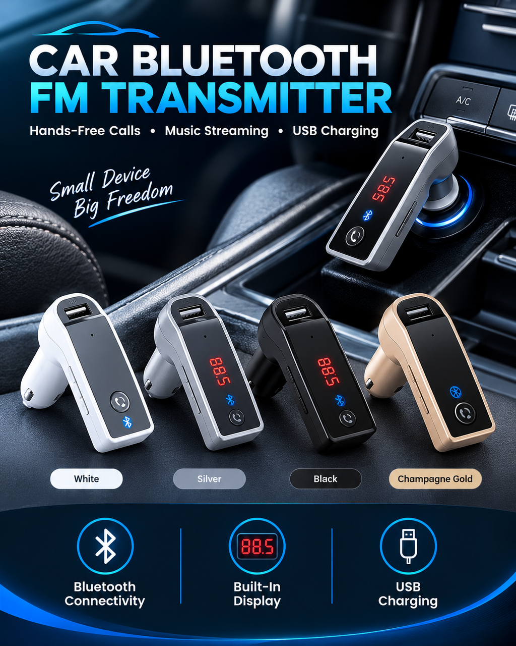 Car Bluetooth FM transmitter in four colours